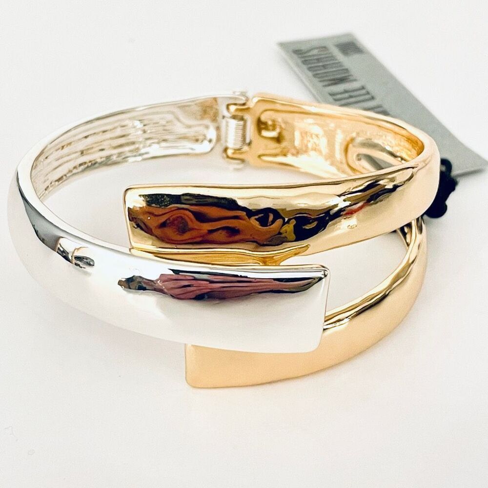 NWT Robert Lee Morris 2 Tone Gold/ Silver Criss Cross Cuff Hinge Bangle Bracelet